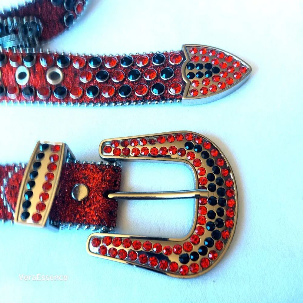 DNA PREMIUM WEAR WESTERN BELT RED BLACK RHINESTONE SILVER & GLITTER ACCENTS 43
